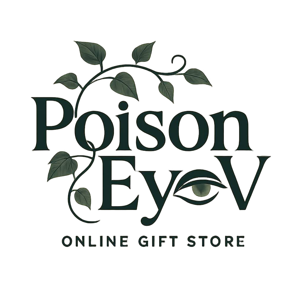 Logo of Poison Eye V Online Gift Store with decorative elements on a white background
